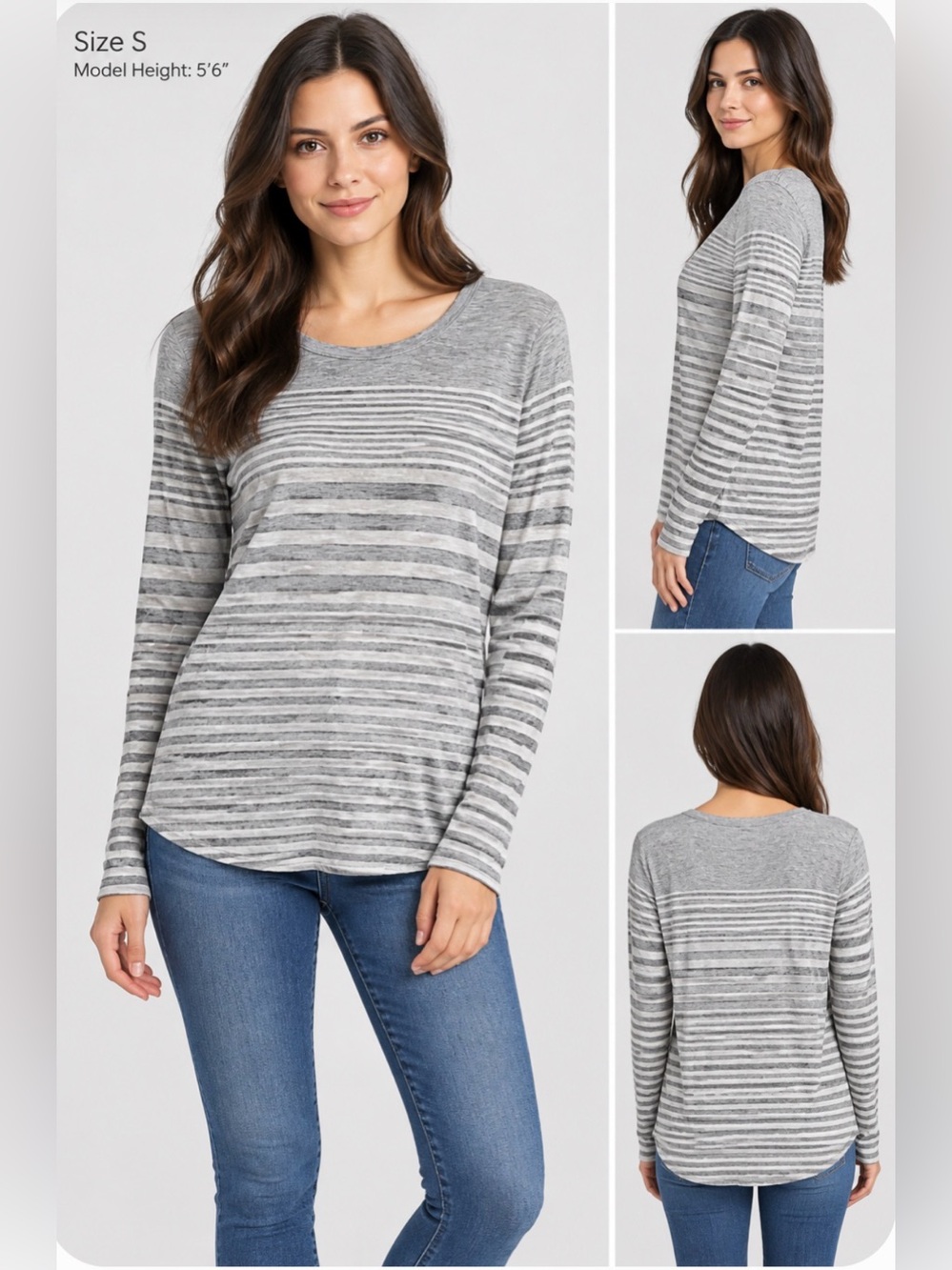 Vince Striped Long-Sleeve Crewneck Top - Gray and White
